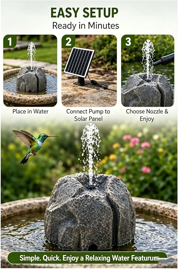 Realistic Granite Rock Solar Bird Bath Fountain - Solar Powered Bird Bath Fountain with Pump and 10 Nozzles, Outdoor Water Feature Resin Stone Look for Garden Pond Patio Yard Decor (White)