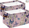 Pink Flowers Storage Bins Cubes Waterproof Cloth Storage Basket,Spring Floral Purple Butterflies Farmhouse Foldable Storage Bags for Shelf Clothes Storages Organizers with Handles 15x11x9.5 in 2PCS