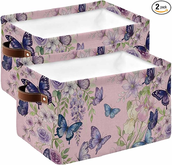 Pink Flowers Storage Bins Cubes Waterproof Cloth Storage Basket,Spring Floral Purple Butterflies Farmhouse Foldable Storage Bags for Shelf Clothes Storages Organizers with Handles 15x11x9.5 in 2PCS