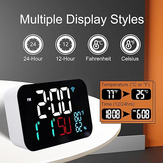 Luocute WiFi Smart Clock, Weather Station Alarm Date Day Large Display Brightness Adjustable Thermometer Humidity Digital Clock Compatible with Tuya Smart App, for Home Office (White Shell- White
