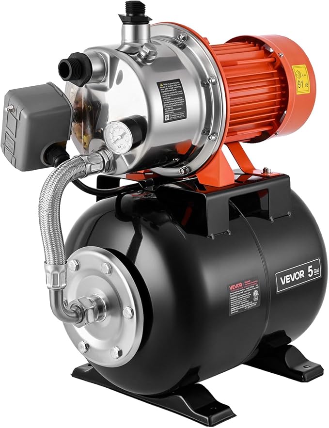 VEVOR 1.6 HP Shallow Well Pump with Pressure Tank, 120V 1320 GPH, Stainless Steel Irrigation Jet Pump with 5-Gal Tank, Automatic Water Booster System, 20/40 PSI Pressure Switch, for Home Garden Lawn