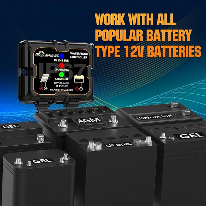SOLPERK Waterproof Solar Charge Controller 10A 12V,Intelligent Portable Controller IP67 Solar Panel Controllers for AGM, Gel, Flooded and Lithium Battery
