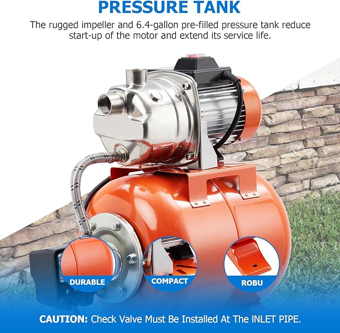 3/4 HP Shallow Well Pump & Tank, 115V Stainless Steel - Automatic Water Booster for Home, Garden, Lawn Irrigation System