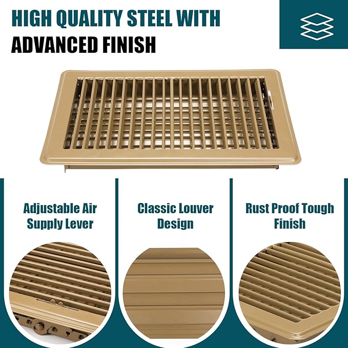 VOISEN Floor Register 6x10, 2 Pack Floor Vent Covers, Steel Adjustable Air Supply Grille Register Vent Cover Grill for Sidewall and Floor, Vent Covers for Home Floor,Brown