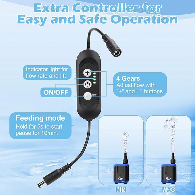 AQQA DC Aquarium Water Pump with Controller,4 Flow Adjustable,Feed Mode,IP68 Submersible Quiet Fish Tank Pump,3 Nozzles for Pond Fountain Statuary Hydroponics Freshwater Saltwater 15W 110V-240V