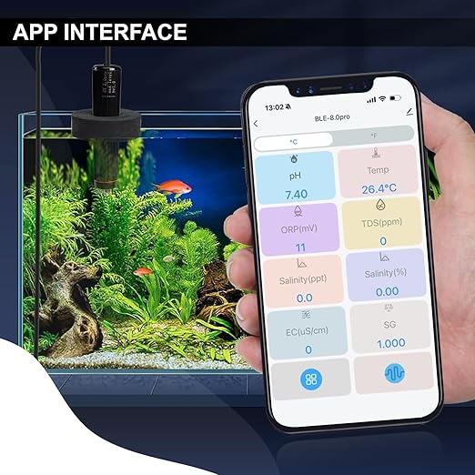 Water Quality Tester 7-in-1 WiFi Aquarium Probe Water Monitor for pH, Temp, TDS, Salinity, EC, ORP, S.G with Real-Time Alerts via App for Fish Tanks, Hydroponics, Pools