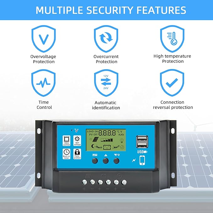 60A PWM Solar Charge Controller 12V/24V with LCD Display, Dual USB Solar Panel Battery Intelligent Regulator, Auto Parameter Adjustable, Timer Setting, Multiple Load Control Modes