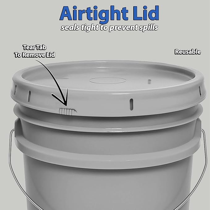 MKS Plastics 5-Gallon Bucket with Airtight Lid – Made in USA, Food Grade BPA Free Plastic, Heavy Duty Multi-Use, Metal Handle with Grip, Stackable Storage – Silver, 1 Pack