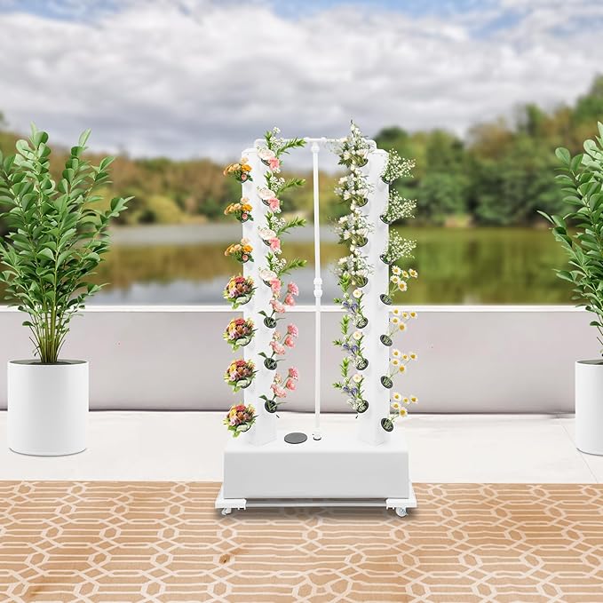 Hydroponics Growing System, 56-Plants Indoor Vertical Planter Germination Kit Smart Garden Planter Tower System with Movable Large Water Tank and Water Pump Suitable for Garden, Balcony & Rooftop