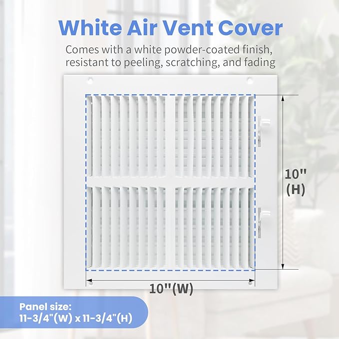 10 x 10 Inch [Duct Opening] Air Vent Covers for Wall or Ceiling - High Airflow 2 Way Steel Ventilation - Adjustable Wall/Ceiling Register, 11-3/4 Inch x 11-3/4 Inch [Overall Dimensions]