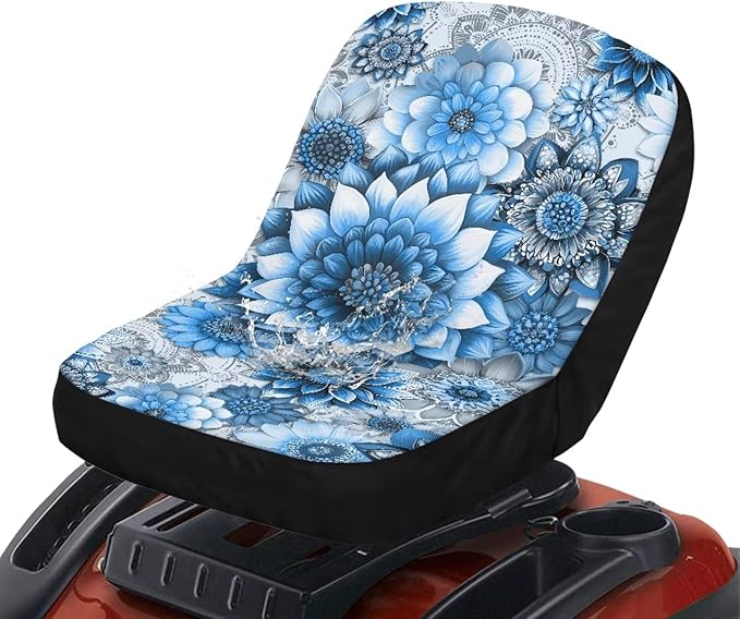 Blue Bright Boho Flower Universal Riding Lawn Mower Seat Cover, Waterproof Seat Protector Cover Fits Tractor Seat Backrests Without Armrests