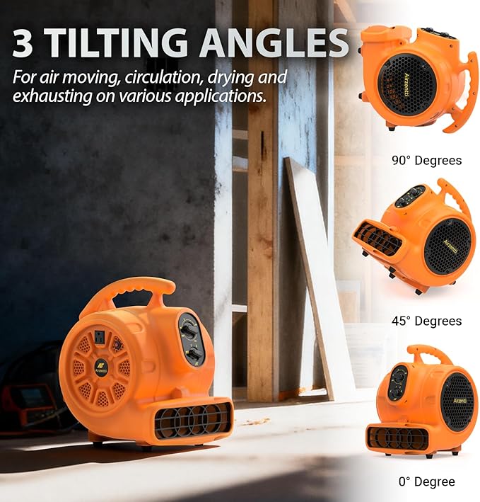 1/4 HP 1100 CFM Air Mover Blower Fan, Carpet Drying Fan, 3-Speed Stackable Utility Blower Heavy Duty High Velocity Industrial Fan with Timer for Water Damage Restoration, ETL Listed, Orange