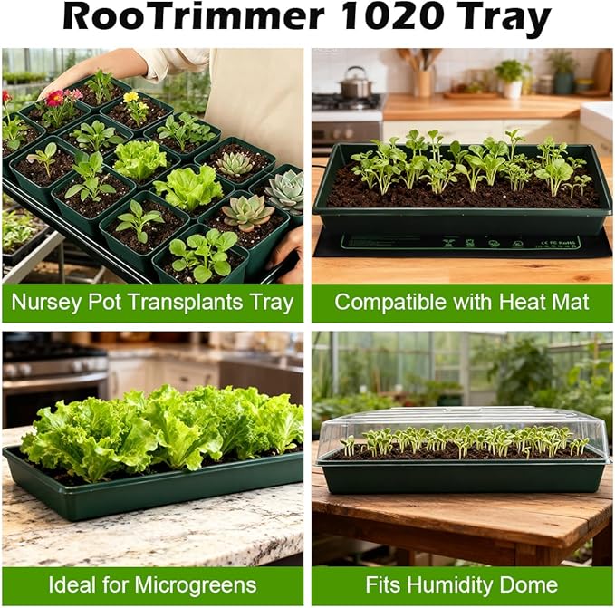 RooTrimmer 10 Pack 1020 Trays No Holes-Reusable Nursery Flats for 50/72 Cell Plug Tray, Heavy Duty Seed Starter Trays for Transplant, Seed Starting, Plant Propagation & Seed Germination (Dark Green)