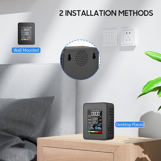 Prefessionall Indoor Air Quality Monitor, 5 in 1 Portable Smartair Quality Tester for CO2 | TVOC | HCHO | Temp | Hum for Home Cars Plants and Pets So On (Black)