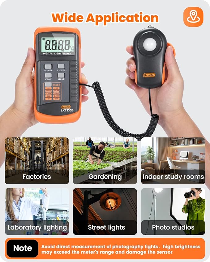 Dr.meter LX1330B Digital Illuminance Light Meter, 0-200,000 Measurement Range Lux Meter, Lighting Intensity Brightness Measurement for Indoor Outdoor, Light Meters for Plants