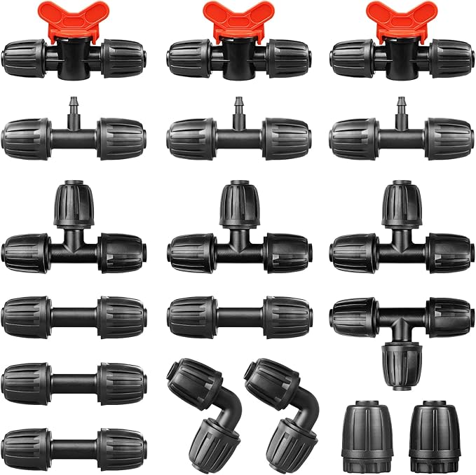 Gardrip Drip Irrigation Fittings Kit for 1/2 Inch Tubing：1/2'' Drip Line Anti-Drop Barbed Locked Nut Connectors 18 Pieces Set Include 4 Couplings 4 Tees 2 Elbows 3 Valves 3 Reducing Tee 2 Plugs