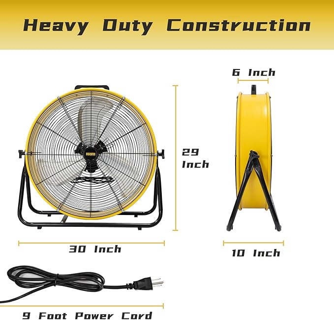 HiCFM 8200 CFM 24 inch Portable High Velocity Drum Fan With Powerful 1/3 HP Motor, Turbo Blade, 3 Speed Low Noise Design and 9ft Power Cord for Air Circulation, Convenience - UL Listed
