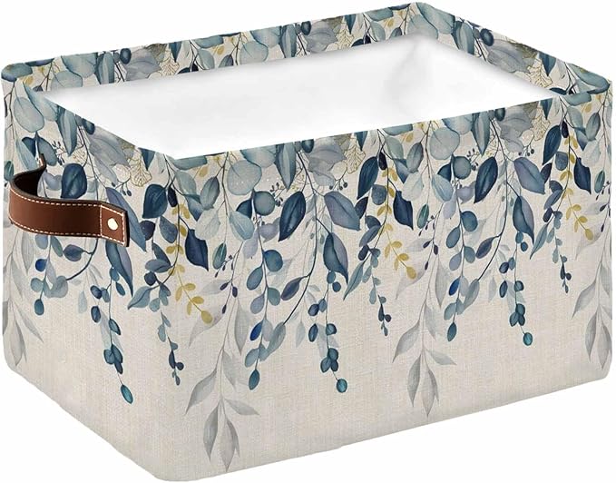 Navy Blue Eucalyptus Storage Bins Cubes Waterproof Cloth Storage Basket, Farmhouse Weeping Leaves Linen Foldable Storage Bags for Shelf Clothes Storages Organizers with Handles 15x11x9.5 in 1PCS