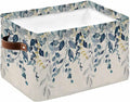 Navy Blue Eucalyptus Storage Bins Cubes Waterproof Cloth Storage Basket, Farmhouse Weeping Leaves Linen Foldable Storage Bags for Shelf Clothes Storages Organizers with Handles 15x11x9.5 in 1PCS