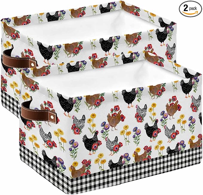 Farmhouse Rooster Storage Bins Cubes Waterproof Cloth Storage Basket,Country Watercolor Flowers Black Plaid Foldable Storage Bags for Shelf Clothes Storages Organizers with Handles 15x11x9.5 in 2PCS
