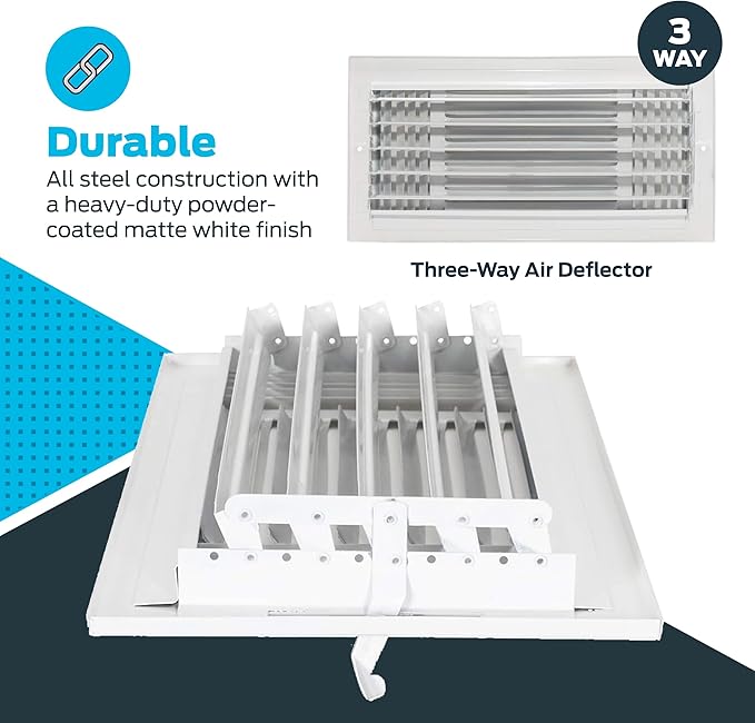 EZ-FLO 14 x 6 Inch (Duct Opening) Air Vent Cover for Wall or Ceiling, Three-Way Ventilation Register, Solid Steel HVAC Register Cover, White, 61616