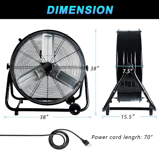 WARMLREC Industrial Fan 36 Inch Heavy Duty Drum 3 Speed 18600CFM Air Circulation High Velocity Fan For Warehouse, Workshop, Factory, Commercial, Residential and Greenhouse Black