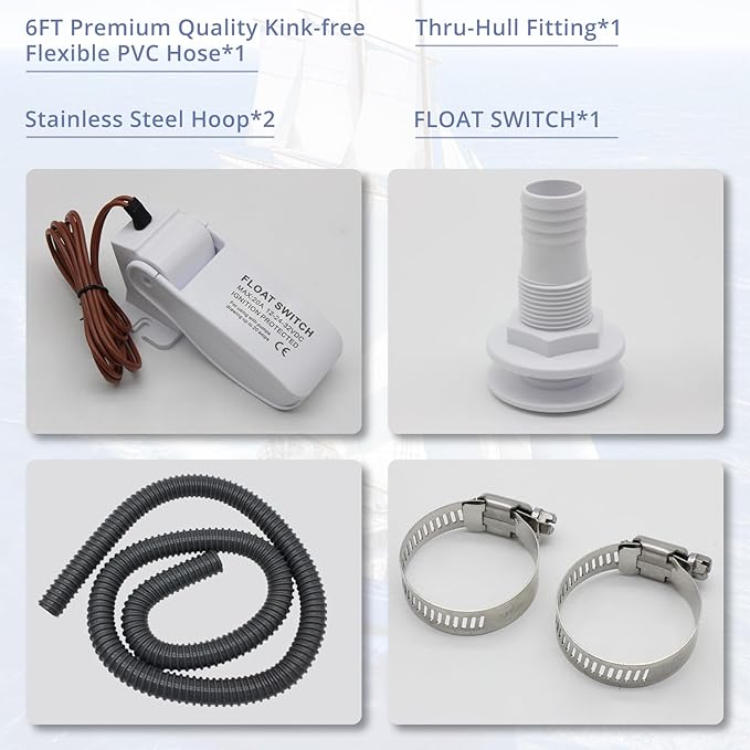 HXH 1500 GPH Boat Bilge Water Pump 12V, Bilge Pump Plumbing Kit, 1-1/8 Inch Hose with Automatic Float Switch, 2 Clamps, Thru-Hull Fitting, Ideal for Fishing Boats, Cruisers, Runabouts.