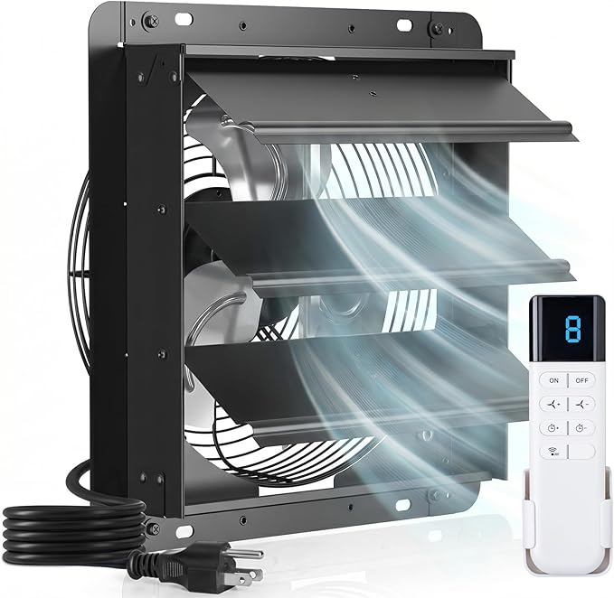 addlon 12 Shutter Exhaust Fanwith Remote Control, 8 Speeds 25W Energy Efficient DC Motors, 1200CFM, 8-Hour Timer, Garages/Greenhouse/Attic/Chicken Coop Ventilation Fan,Low Noise, Plug & Play