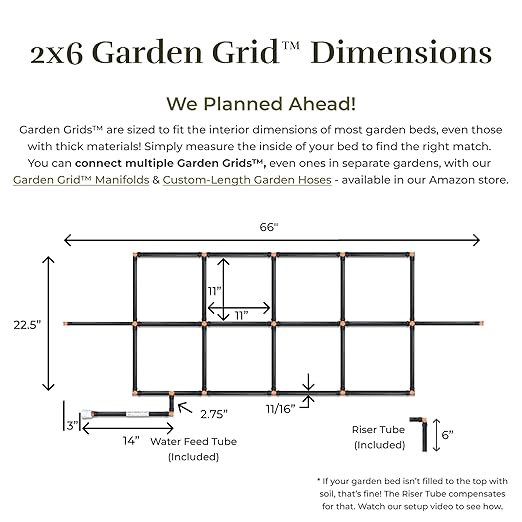 Garden Grid Watering System - 2x6 Cornerless | Raised Garden Bed Drip Irrigation System, But Better | Pre-Assembled, Waters Every Plant | Ideal for Beds w/Corner Posts or Curved Ends | 22.5"x66"