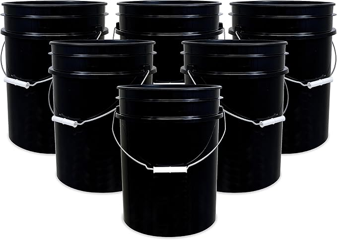 ePackageSupply 5 Gallon Bucket - Food Grade Bucket, Metal Handle Grip, BPA-Free, Heavy-Duty 90 Mil HDPE Plastic Pail, Stackable Utility Container, Made in USA, Lid Not Included, Black, 6 Packs