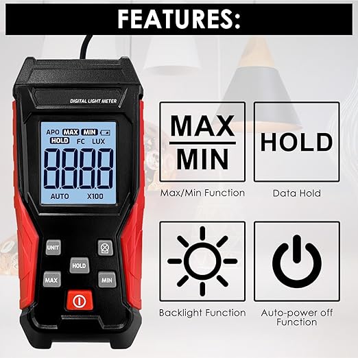 Light Meter Lux Meter Handheld Photometer 0.1~200,000Lux / 0.01~20,000FC Range Digital Illuminance Lightmeter Luxmeter with 4 Digit LCD Display & Flexible Sensor for Plants, Headlights, Lumens LEDs