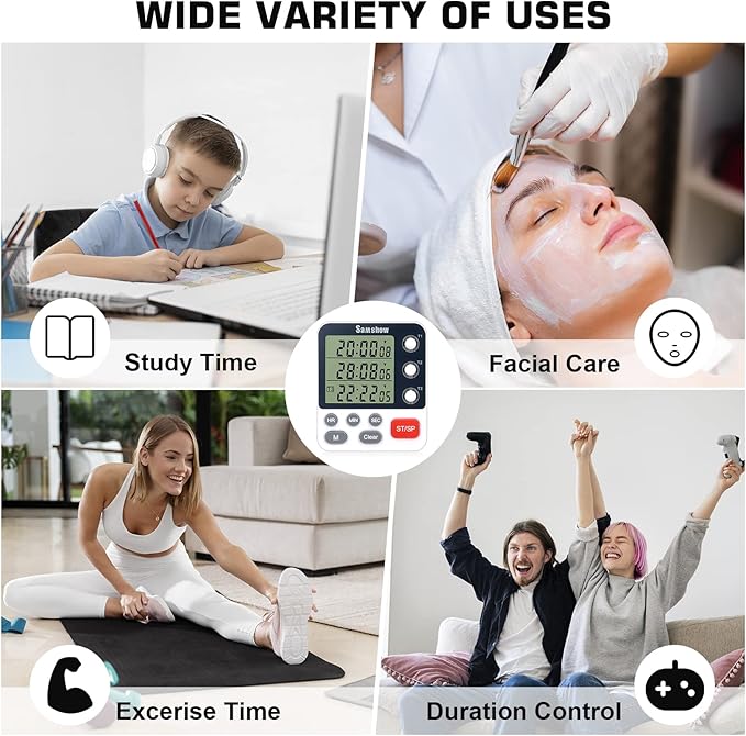 Digital Dual Kitchen Timmers 3 Channels Count UP/Down Timer Cooking Timers Large Display Triple Timmer Magnetic Stopwatch Timer-timers for Classroom Kid Adjustable Volume Loud Alarm(Battery Included)