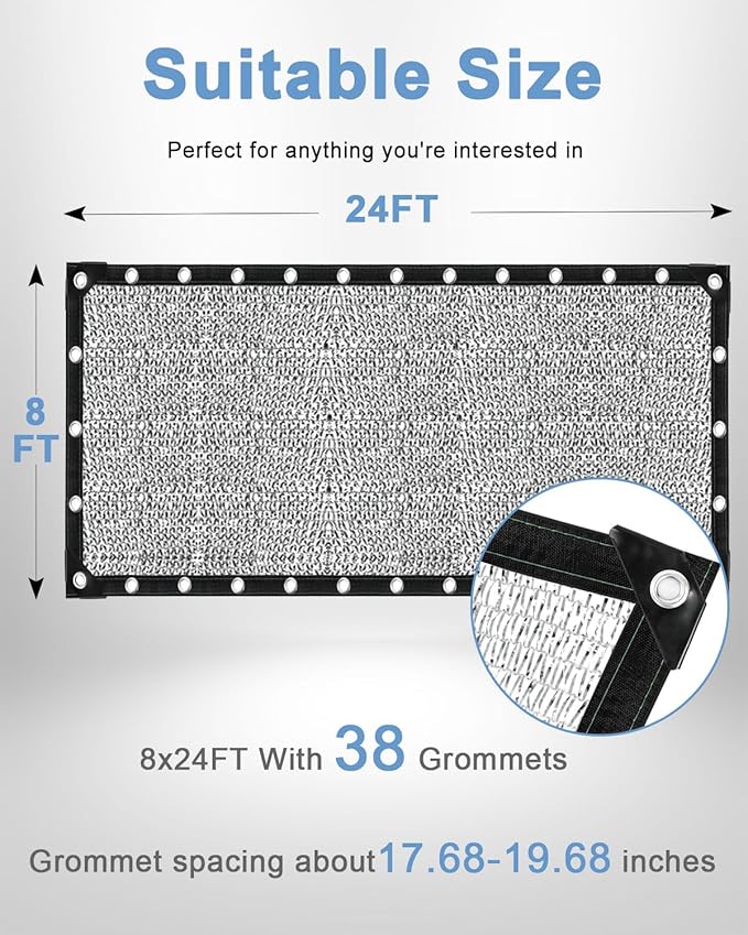 vensovo 40% Aluminum Shade Cloth - Reflective Aluminium Shade Netting Sun Shade Cover with Grommets for Cars, Dogs, Outdoor, RV, Patio (8x24FT)