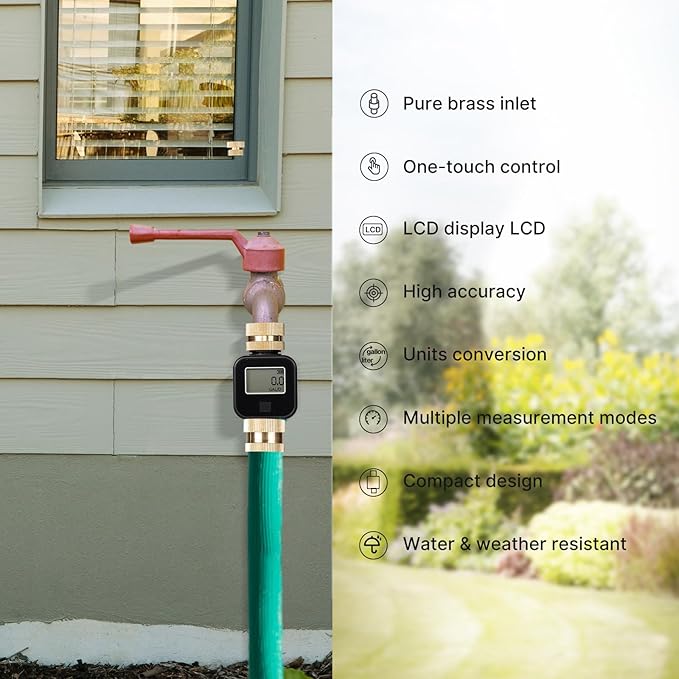 MOES Water Flow Meter with Brass Inlet Metal Thread, Measure Gallon/Liter Consumption and Flow Rate for RV Water Tank Filling, Outdoor Garden Hose Watering, Lawn Sprinkler and Nozzle Sprayer