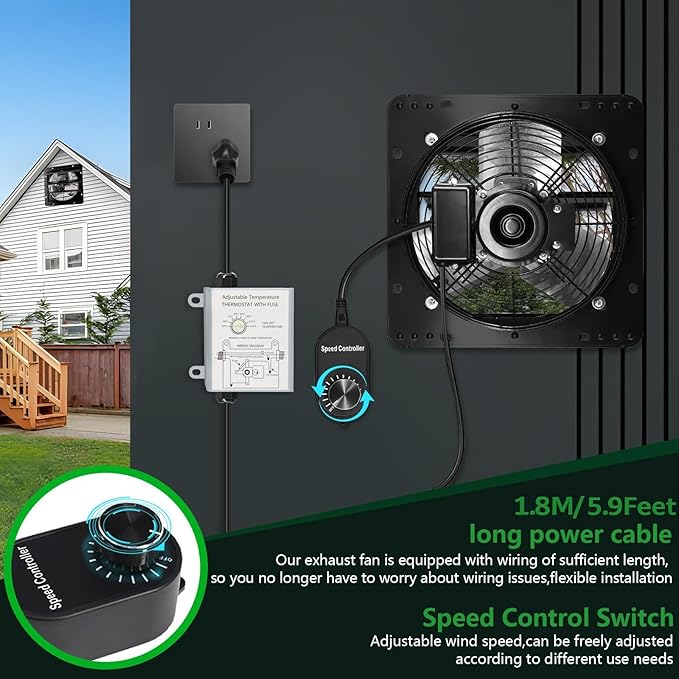 Shutter Exhaust Fan with Thermostat & Speed Control, 1088 CFM,1700RPM, Upgrade 14 inch Wall Mount Attic Vent Fan for Chicken Coops, Greenhouse, Gable, Barn, Garage, Shed Ventilator