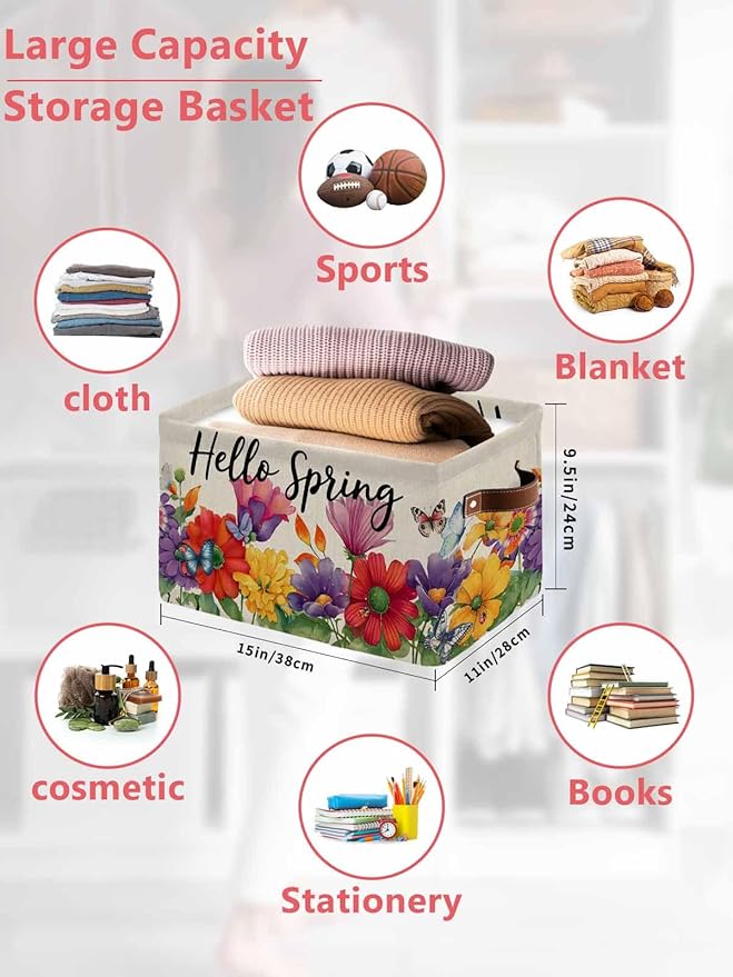 Spring Flowers Storage Bins Cubes Waterproof Cloth Storage Basket,Farmhouse Vintage Country Colorful Floral Foldable Storage Bags for Shelf Clothes Storages Organizers with Handles 15x11x9.5 in 2PCS