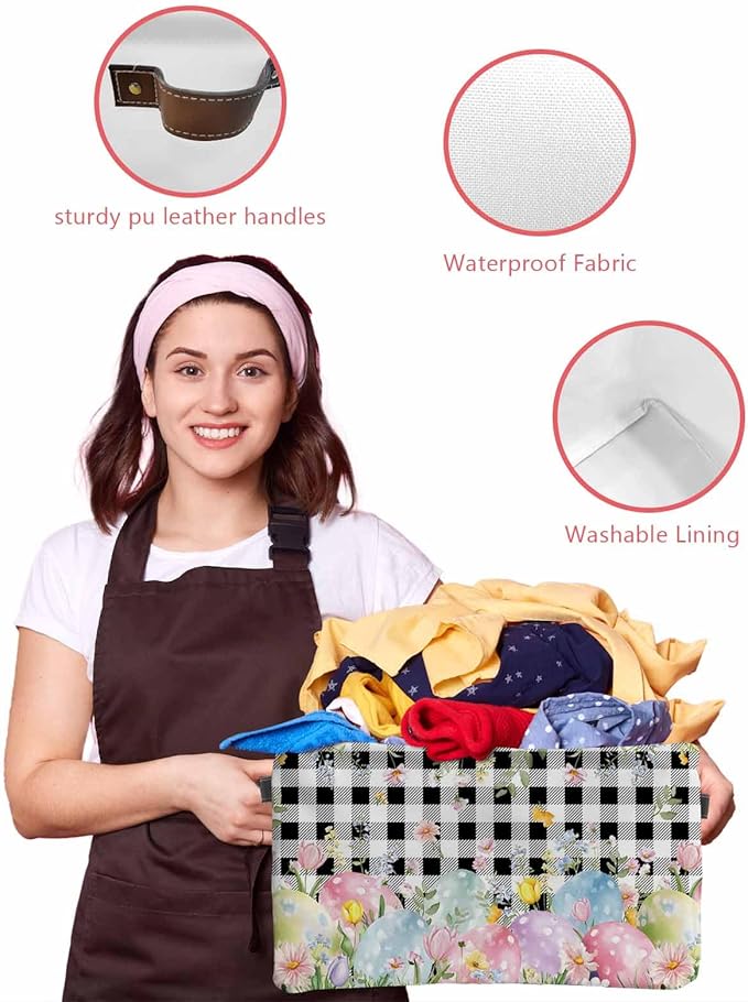 Spring Easter Flowers Storage Bins Cubes Waterproof Cloth Storage Basket,Farmhouse Floral Black Buffalo Plaid Foldable Storage Bags for Shelf Clothes Storages Organizers with Handles 15x11x9.5 in 1PCS