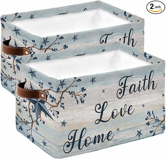 Vintage Farmhouse Storage Bins Cubes Waterproof Cloth Storage Basket,Blue Country Texas Star Vines Wooden Foldable Storage Bags for Shelf Clothes Storages Organizers with Handles 15x11x9.5 in 2PCS