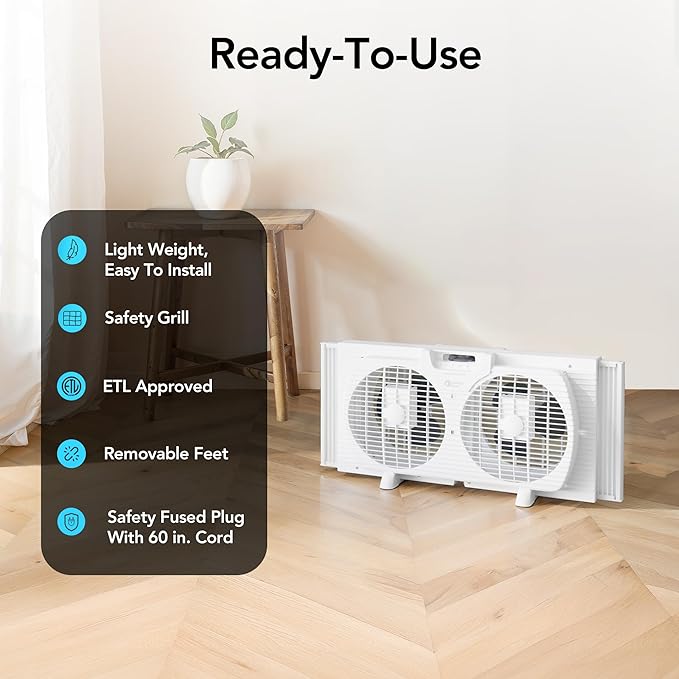 Comfort Zone 9-Inch 3-Speed Reversible Twin Window Fan – Dual Blade Window Exhaust Fan with Auto-Locking Expanders, 22.25" to 33" Wide – Tabletop Feet & Removable Bug Screen included