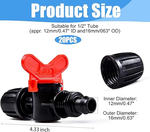 Kalolary 20PCS Drip Irrigation Switch Valves, 1/2" Barbed Lock Shut Off On Valve in-line Barbed Tee Switch Valve for 1/2 Inch Tube 16mm Irrigation Valve Fittings with Lock for Garden Sprinkler System