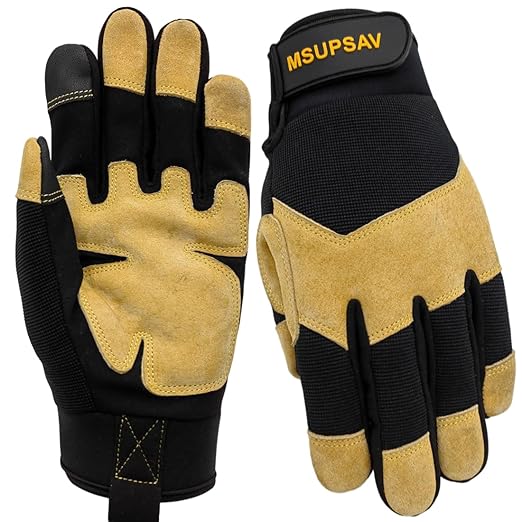 All-Purpose Work Gloves,Split Leather Knuckle Working Performance Fit Mechanics Glove,Durable,Black+Yellow,Medium