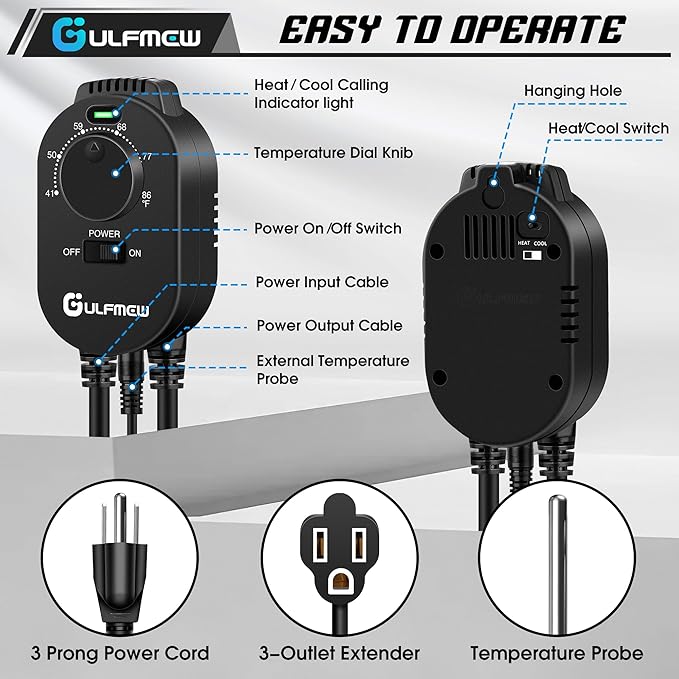 2 Pack Thermostat Outlet for Heater, One Temperature Controller Outlet with 4.9FT Power Cord, Heating and Cooling Thermostat Outlet with Temperature Probe for Space Heater, Greenhouse Fan