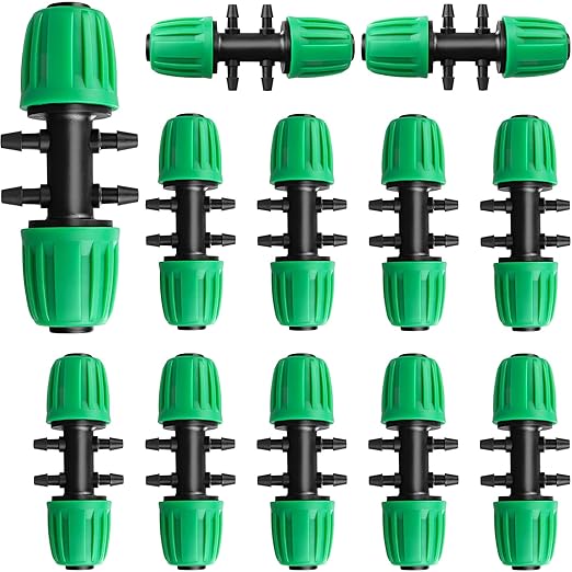 Gardrip Barbed Tee 1/2 Inch to 1/4 Inch Irrigation Tubing: Locked Barbed Reducing Tee 6-Way Adapter Anti-Drop Irrigation Fittings for Splitting 1/2" to 1/4" Drip Line System Parts (12 Pack)