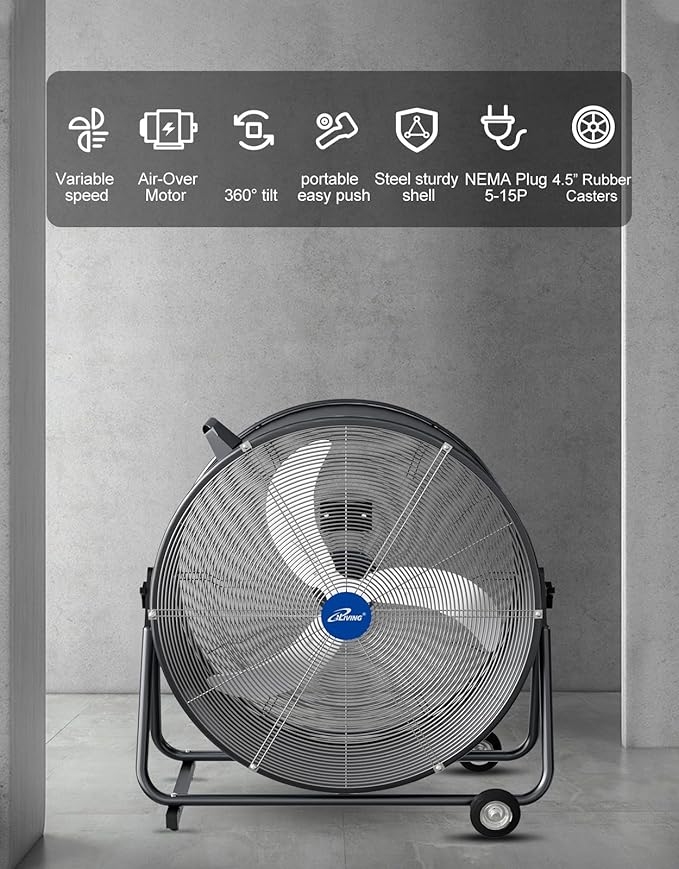 iLIVING 30 Inches High Velocity Drum Fan Industrial, Commercial, Air Circulator for Garage, Shop, Patio, Barn, Greenhouse, Speed Control 8300CFM, UL Listed,Black