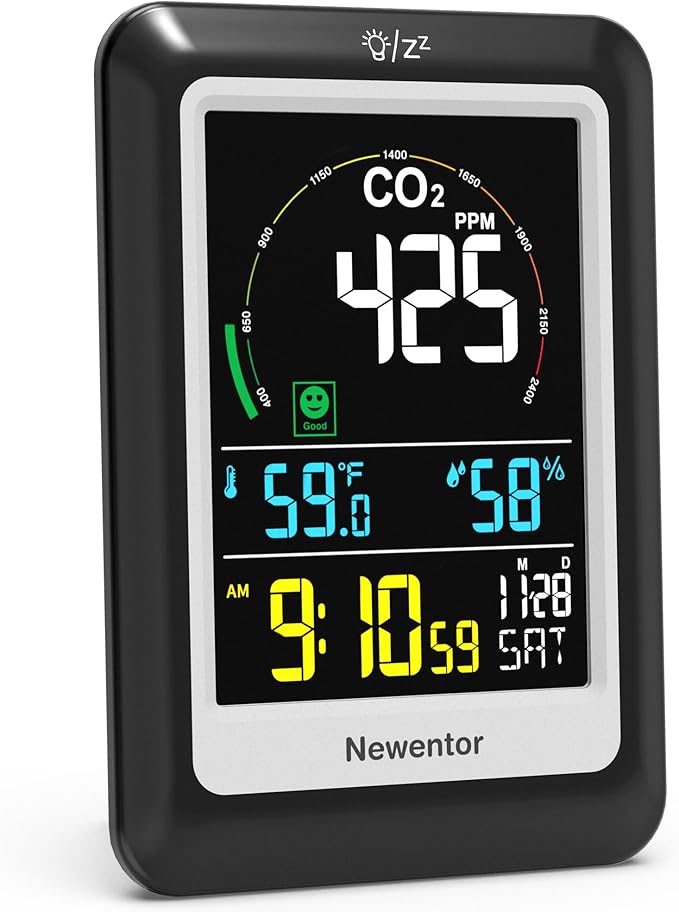 Newentor CO2 Monitor, Indoor Air Quality Meters, Carbon Dioxide Detector with Voice, Large Display CO2 Tester, Temperature Humidity Sensor, Alarm Clock for Home, RV, Grow Tents, Black