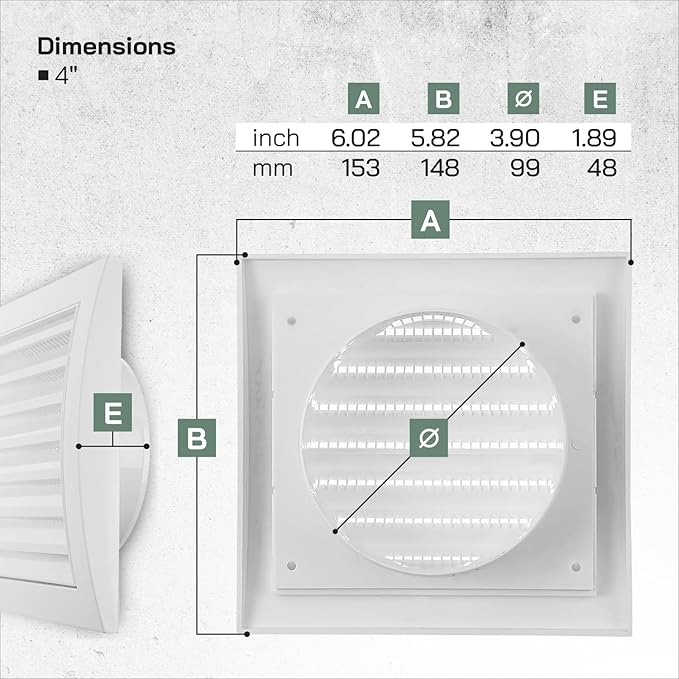 Vent Systems 4'' Inch White Pack of 2 Air Vent Cover Dryer Vents and Bathroom Exhaust Vents Pipe, Black Louvered Dryer Vent Cover Keeps Out Insects, Birds and Rodents