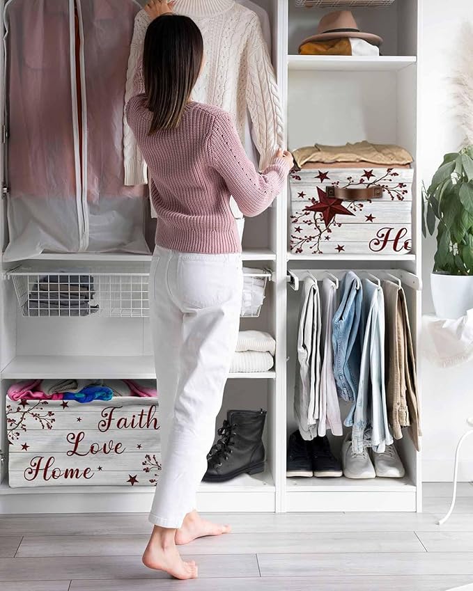 Wooden Grain Storage Bins Cubes Waterproof Cloth Storage Basket, Red Country Texas Star Branches Berry Foldable Storage Bags for Shelf Closet Clothes Storages Organizers with Handles 15x11x9.5 in 1PCS