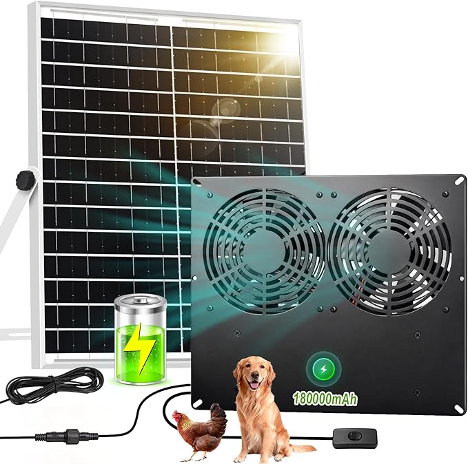 Metal Solar Dual Fan with Battery Day & Night Work Fans, 25W Solar Exhaust Fan for Chicken Coop with 18000mAh Battery, Outdoor Waterproof Greenhouse Solar Powered Fan for Shed, Pet Houses, Ventilation