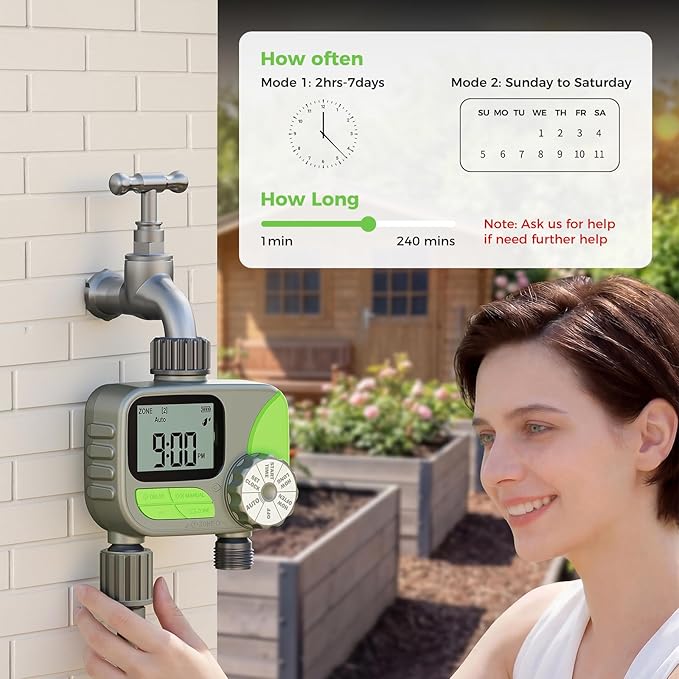 Sprinkler Timer, Watering Timer for Garden Hose, 2 Outlets Programmable Hose Timers with Rain Delay, Outdoor Soaker Auto & Manual Drip Irrigation Controller System for Lawn Yard Greenhouse
