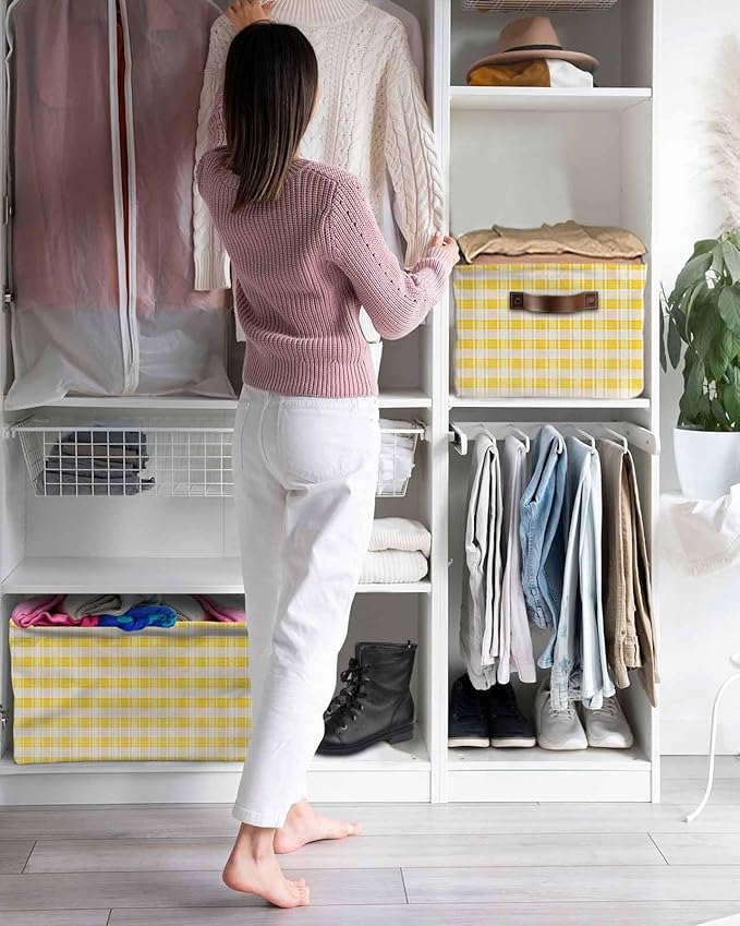 Yellow Plaid Striped Storage Bins Cubes Waterproof Cloth Storage Basket,Farmhouse Checkered Modern Abstract Art Foldable Storage Bags for Shelf Storages Organizers with Handles 15x11x9.5 in 1PCS